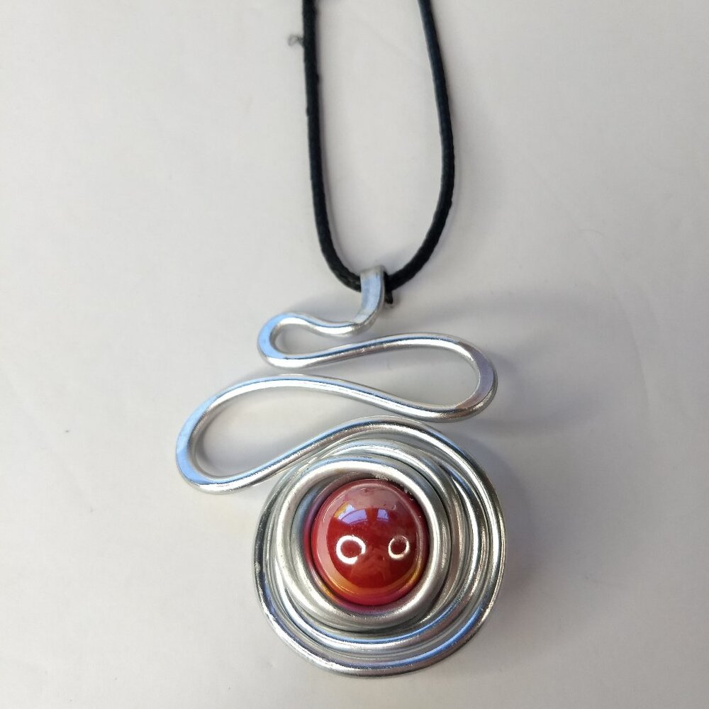 Silver Tone Swirl Red Marble Pendants Necklace Art to Wear Modern Abstract